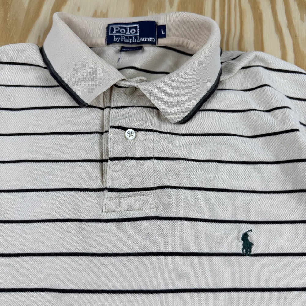 Polo Ralph Lauren Mens‎ Large Cream Navy Blue Striped Cotton Pique Polo Shirt